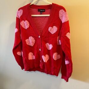 32 Degrees Red Cardigan with Pink Heart Patterns Size M
